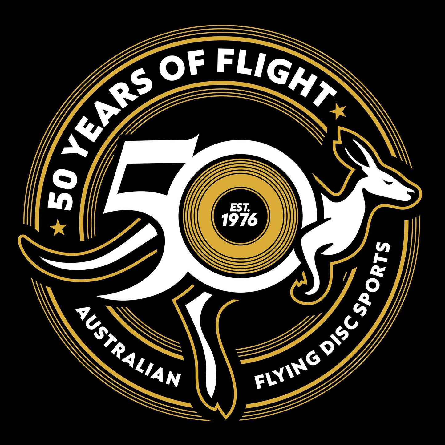 Logo celebrating 50 years of flight with a kangaroo and text on a black background