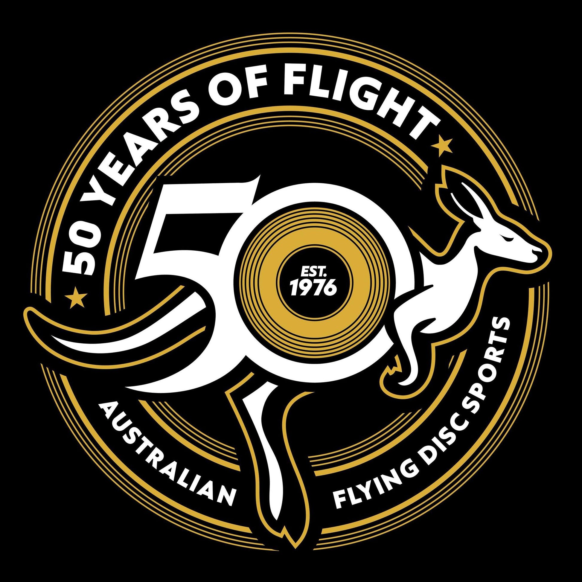 Logo celebrating 50 years of flight with a kangaroo and text on a black background